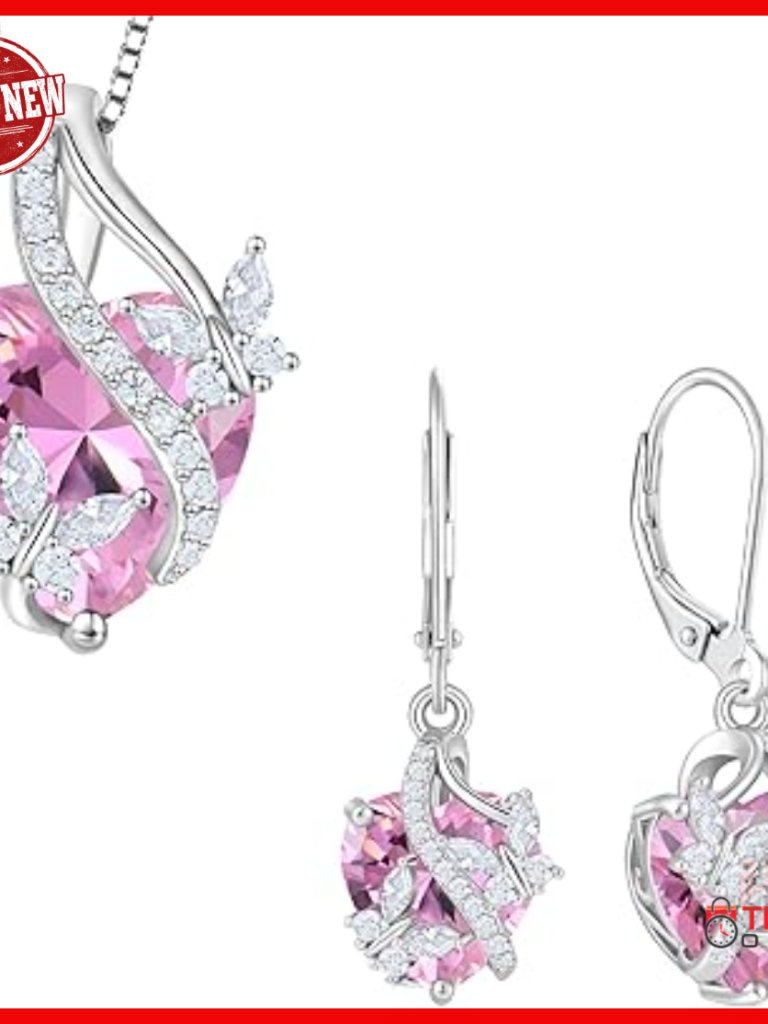 925 Sterling Silver Butterfly Earrings Necklace Set With Pink Tourmaline